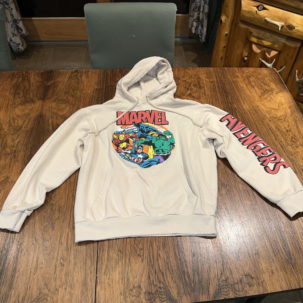 Marvel Avengers Spider-Man Hulk Hoodie Beige Graphic Print Pullover Size M
